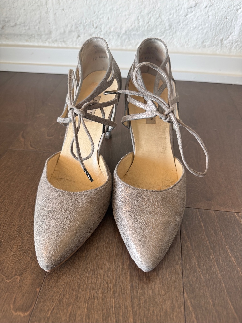 Paul Green Pointed Lace-Up Pumps in Metallic Taupe - Size 9